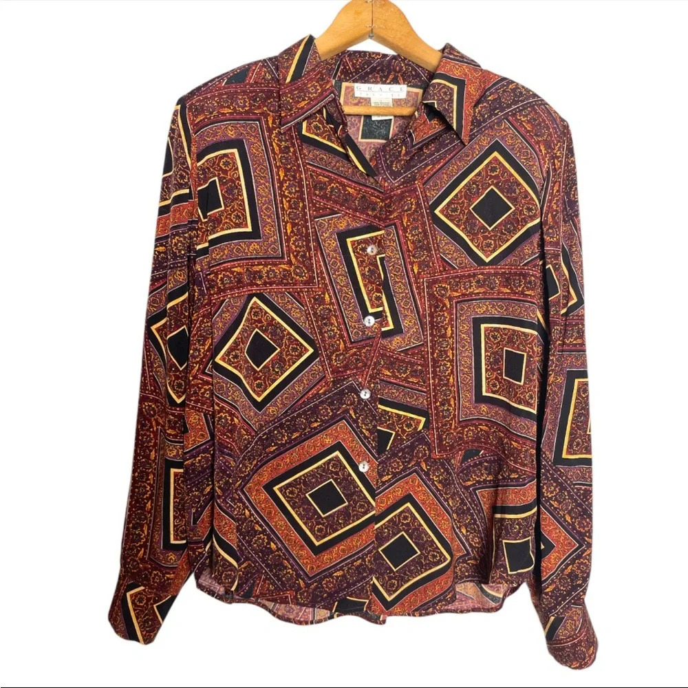 Vintage womens 100% silk scarf printed geo maroon button down shirt size Large